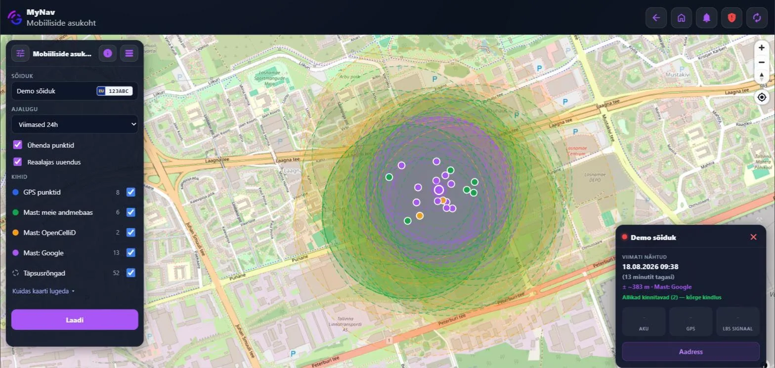 MyNavi mobiilside asukoha vaade koos täpsusrõngastega